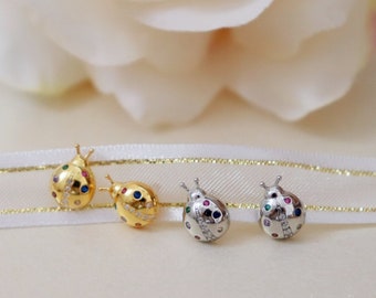 Sterling Silver Ladybird Stud Earrings, Ladybug Earrings, Gold Animal Earrings, Kids Earrings, Dainty Cute Earrings, Gift for Girls