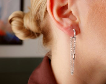 Silver Huggie Chain Earrings with CZ Baguette, Long Threader Earrings, Gold Long Chain Earrings,  Chain Tassel Earrings, Geometric Hoops