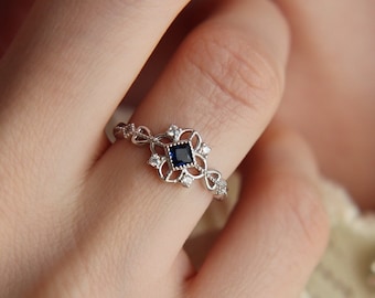 Sterling zilveren blauwe saffier CZ vintage ring, zilveren ring, geometrische kleine CZ ring, sierlijke delicate ring, diamanten ring, minimalistische sieraden