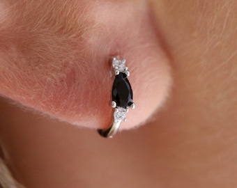 Sterling Silver Onyx Black CZ Huggie Hoop Earrings, Black Hoop Earrings, Dainty Hoop Earrings, Silver Hoop Earrings, Minimalist Jewelry