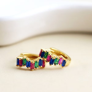 Gold Rainbow CZ Huggie Hoops, Emerald Hoop Earrings, Multi Color Huggies, Sapphire Earrings, Geometric Earrings, Ruby Earrings, Gold Hoops