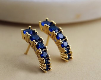 18k Gold Plated Sapphire Blue CZ Statement Stud Earrings, Elegant Sapphire CZ Gemstone Earrings, Birthday Gemstone Jewelry