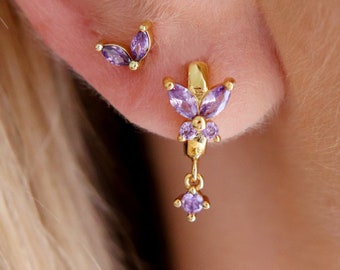 Sterling Silver CZ Amethyst Lilac Flower Hoop Earrings, Flower Earrings, Amethyst Hoop, Purple Earrings, Boho Earrings, Minimalist Earrings