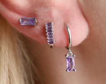 Sterling Silver Dangle Baguette Hoop Earrings, Amethyst Hoops, CZ Purple Lilac Charm Hoops, Dainty Huggie Hoops, Minimalist Earrings