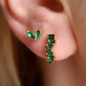 Gold Emerald Green CZ Huggie Hoop Earrings, Green Hoop Earrings, Gemstone Earrings, Geometric Earrings, Emerald Jewelry, Crystal Earrings