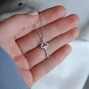 Sterling Silver Key Pendant Necklace, Diamond Crystal CZ Key Necklace, Layering Necklace, Dainty Necklace, Boho Necklace