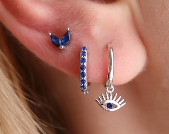 Sterling Silver Dainty Huggie Hoop Earrings with Evil Eye Protection Charm, Silver Sapphire Blue CZ Dangle Earrings, Boho Earrings