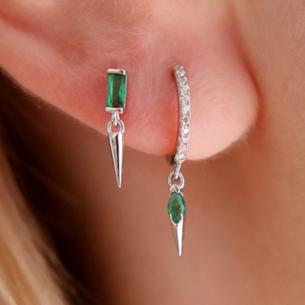 Sterling Silver Emerald Green CZ Spike Hoop Earrings, Geometric Earrings, Emerald Earrings, Dainty Hoops, Minimalist Jewelry, Gift Ideas