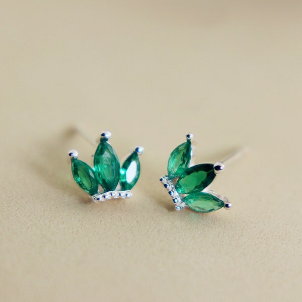 Sterling Silver Emerald Green CZ Marquise Stud Earrings, Green CZ Leaf Stud, Crystal Earrings, Three Marquise Stud, Dainty Emerald Jewelry