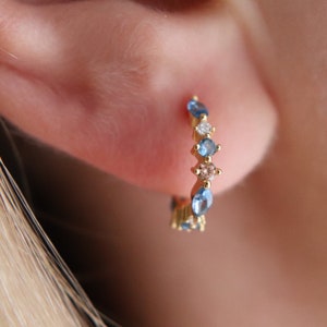 Gold Crystal CZ Sky Blue Topaz CZ Circle Half Hoop Earrings, Blue Earrings, Geometric Hoops, Medium Earrings, Minimalist Jewelry