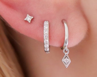 Sterling Silver Diamond CZ Huggie Hoop Earrings, Geometric Earrings, Minimalist Earrings, Earring Stack, Everyday Earrings, Gift for Her