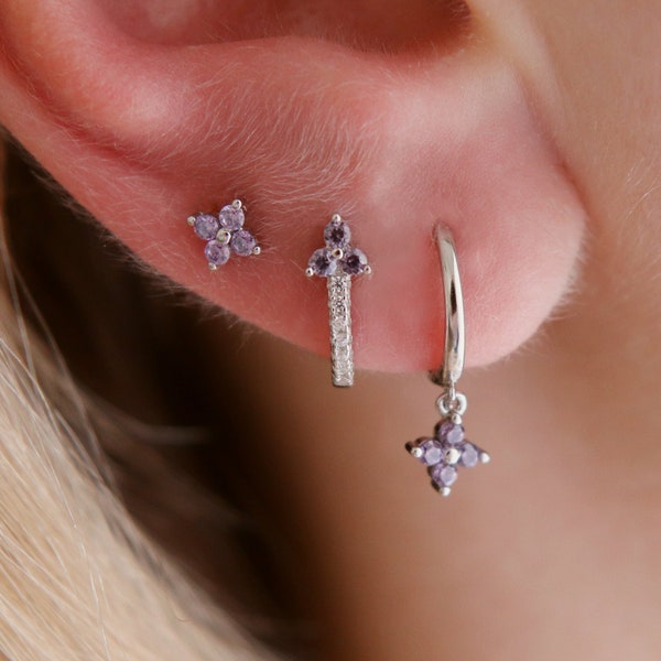 Sterling Silver Amethyst CZ Purple Flower Hoop Earrings, Dainty CZ Lilac Hoops, Tiny Gold Hoops, Minimalist Earrings, Flower Earrings