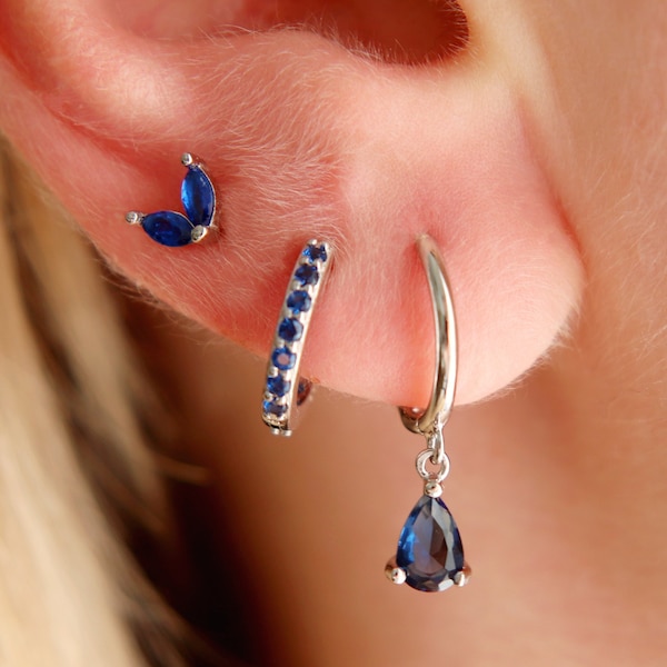 Sterling Silver Sapphire CZ Teardrop Hoop Earrings, Sapphire Blue Earrings, Gemstone Earrings, Birthstone Earrings, Stacking Earrings