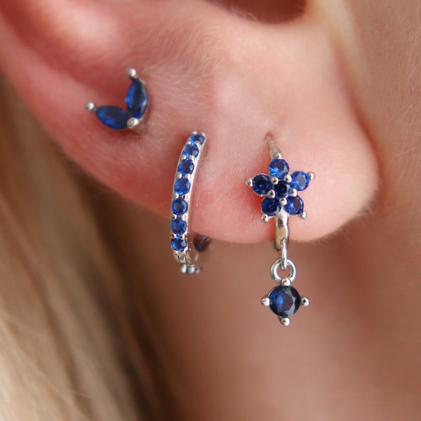 Sterling Silver Sapphire Blue CZ Hoop Gift Set, Flower Dainty Hoop Earrings, Stacking Earrings, Gemstone Earrings, Birthstone Earrings