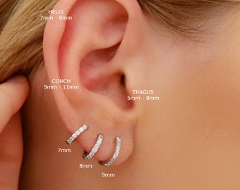 Sterling Silver Crystal Huggie Hoop Earrings, Silver Conch Hoop, Cartilage Hoop, Tragus Hoop, Small Helix Hoop, Diamond Hoop Earrings