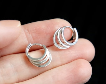 925 Sterling Silver Round Plain Geometric Huggie Hoop Earrings, Twisted Three Layered Earrings, Triple Layers Hoops, Small Hoops