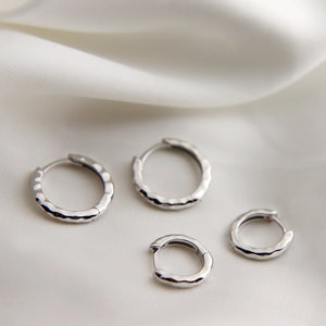 Sterling Silver Simple Hammered Huggie Hoop Earrings, Geometric Hoop Earrings, Medium Hoops, Thick Hoops, Essential Chunky Hoop Earrings