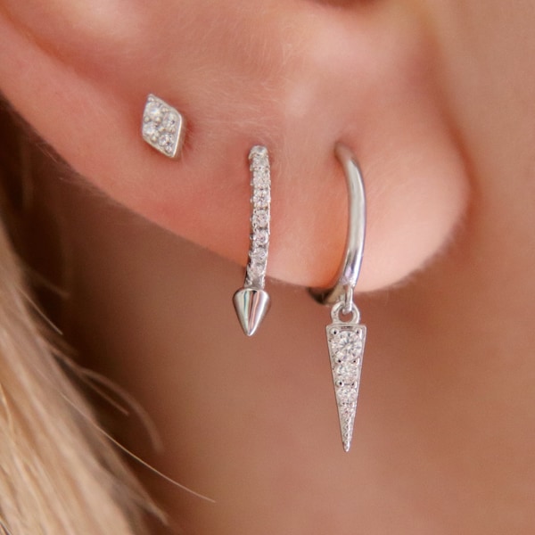 Sterling Silver Dainty Spike Hoop Earrings, Crystal Spike Hoops, Edgy Earrings, Tiny Hoops, Small Hoops, Silver Pave Ring Hoop