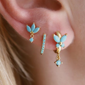 Gold Turquoise CZ Huggie Hoop Gift Set, Flower Dainty Hoop Earrings, Stacking Earrings, Gemstone Earrings, Birthstone Earrings, Boho Earring