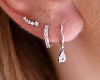 Sterling Silver Diamond CZ Teardrop Huggie Hoop Earring, Crystal Dangle Earrings, White Teardrop Earrings, Silver Stud Crawler Earrings