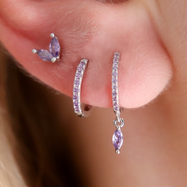Sterling Silver Minimalist Lilac Purple Amethyst CZ Teardrop Hoop Earrings,  Purple Teardrop Earrings, Amethyst Jewelry, Small Purple Hoops
