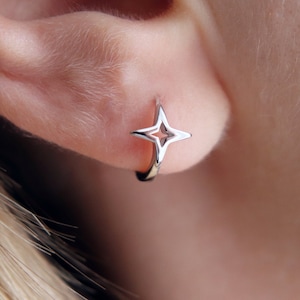 Sterling Silver Dainty North Star Huggie Hoop Earrings, Second Hole Hoop Earrings, Cartilage Hoops, Celestial Earrings, Second Piercing