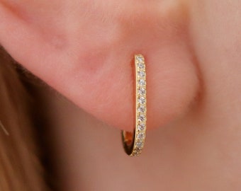 Sterling Silver Paved Link Hoop Earrings, Rectangle Hoops, Statement Hoop Earrings, Square Earrings, Minimalist Earrings, Geometric Earrings