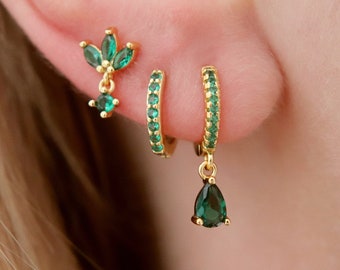Gold CZ Green Emerald Teardrop Earrings, Emerald Green CZ Earrings, Minimalist Earrings, Green Marquise Stud Earrings, Earring Set