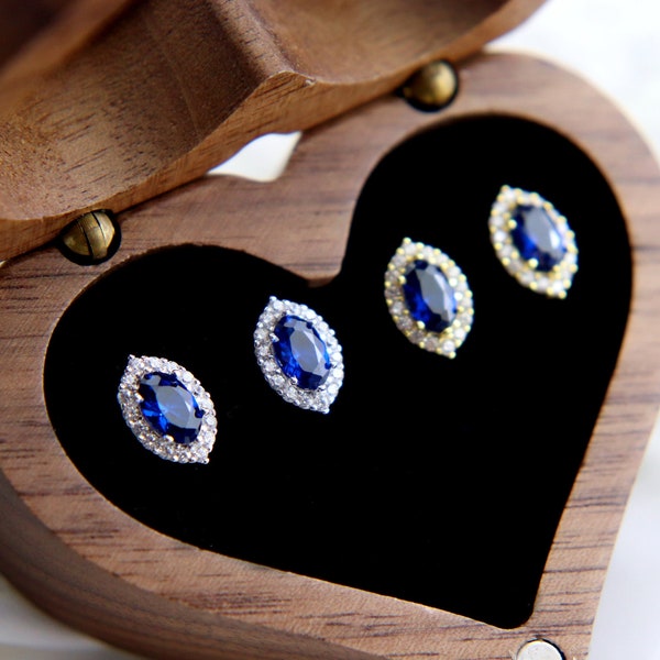 Boucles d'oreilles en argent sterling saphir bleu CZ, boucles d'oreilles en cristal ovales bleus, pierre de naissance de septembre, boucles d'oreilles élégantes, cadeau pour femme