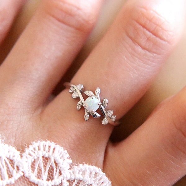 Sterling Silver Leaf Opal Ring, White Opal Bridal Ring, Opal Leaf Ring, Stacking Ring, October Birthstone, Rainbow Gemstone, Elegant Ring