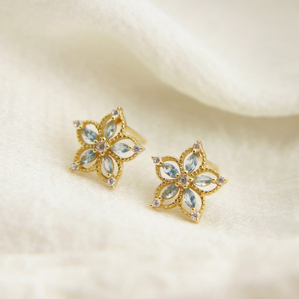 Sterling Silver Pale Blue Aquamarine CZ Flower Earrings, Crystal Stud Earrings, Gold Aquamarine Earrings,  Forget-me-not CZ Flower Earrings