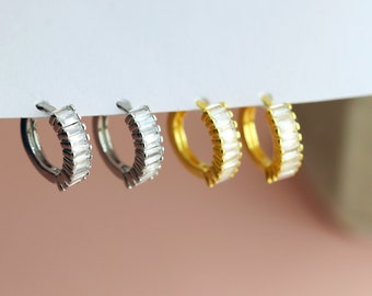 Sterling Silver Tiny Diamond CZ Hoop Earrings, Gemstone Earrings, Stacking Earring, Second Hole Earrings, Cartilage Hoops 7mm, Dainty Hoops