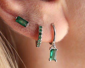 Sterling Silver Dangle Baguette Hoop Earrings, Geometric Earrings, CZ Emerald Hoops, Small Earrings, Dainty Hoops, Minimalist Jewelry