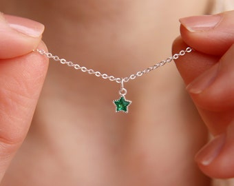 Sterling Silver Emerald Green CZ Star Pendant Necklace, Green Emerald Necklace, Celestial Necklace, Star Charm Necklace, Minimalist Jewelry