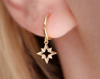 Sterling Silver Star Starburst with CZ Crystal Dangle & Drop Earrings, Gold Star Huggie Hoops, Celestial Earrings, Dainty Gold Hoop Earrings