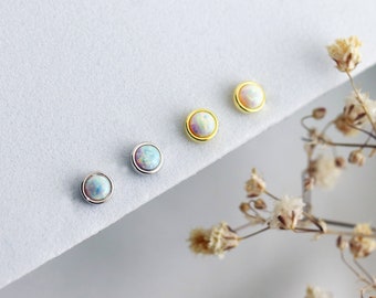 Sterling Silver Dainty Tiny Round Opal Stud Earrings, White Opal Earrings, Minimalist Earrings, Geometric Stud Earrings, Gift for Her