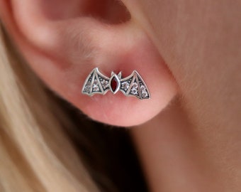 Sterling Silver Bat Earring, Bat Studs, Halloween Earrings, Animal Earrings, Cubic Zirconia Studs, Minimalist Earrings, Gothic Earrings