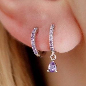 Sterling Silver Minimalist Lilac Purple Amethyst CZ Droplet Hoop Earrings, Silver Dainty Huggies, Teardrop Earrings, Silver Small Hoops