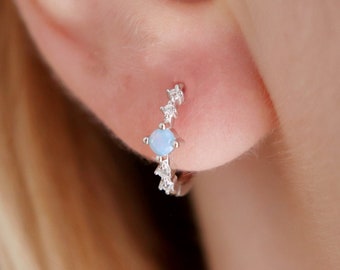 Sterling Silver Dainty Blue Opal Huggie Hoop Earrings, Minimalist Geometric Hoop Earrings, Gift for Her, Bridesmaid Earrings