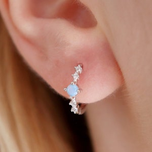 Sterling Silver Dainty Blue Opal Huggie Hoop Earrings, Minimalist Geometric Hoop Earrings, Gift for Her, Bridesmaid Earrings