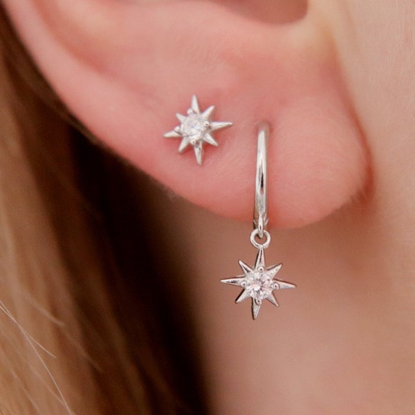 Sterling Silver North Star Starburst with CZ Crystal Dangle & Drop Earrings, Star Huggie Hoops, Celestial Design Jewellery