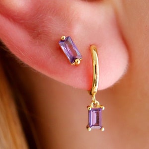 Gold Dangle Baguette Hoop Earrings, Amethyst Hoops, CZ Purple Lilac Charm Hoops, Dainty Huggie Hoops, Baguette Studs, Minimalist Earrings