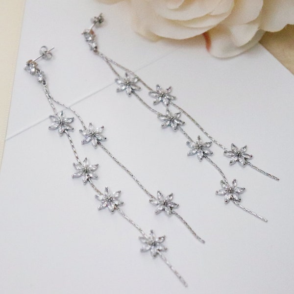 Sterling Silver Sparkly Crystal Long Drop Earrings, Dangle Wedding Earrings, Elegant Bridal Earrings, Flower Earrings