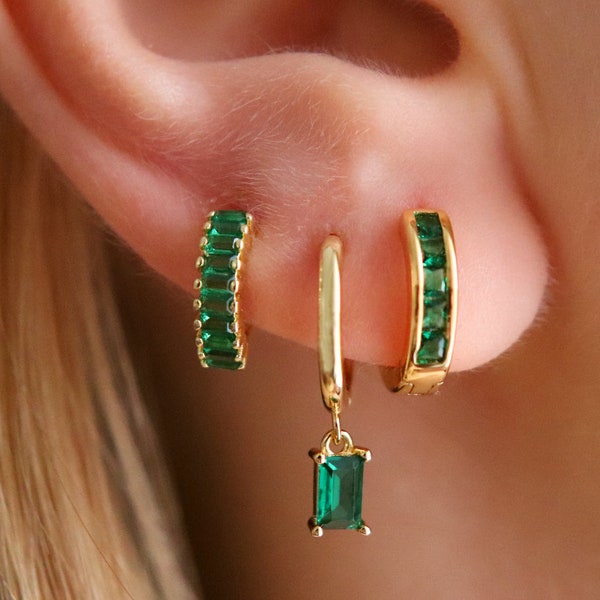 Gold Dangle Baguette Hoop Earrings, Gold Charm Hoops, Geometric Earrings, CZ Emerald Hoops, Emerald Hoops, Dainty Hoops, Minimalist Jewelry