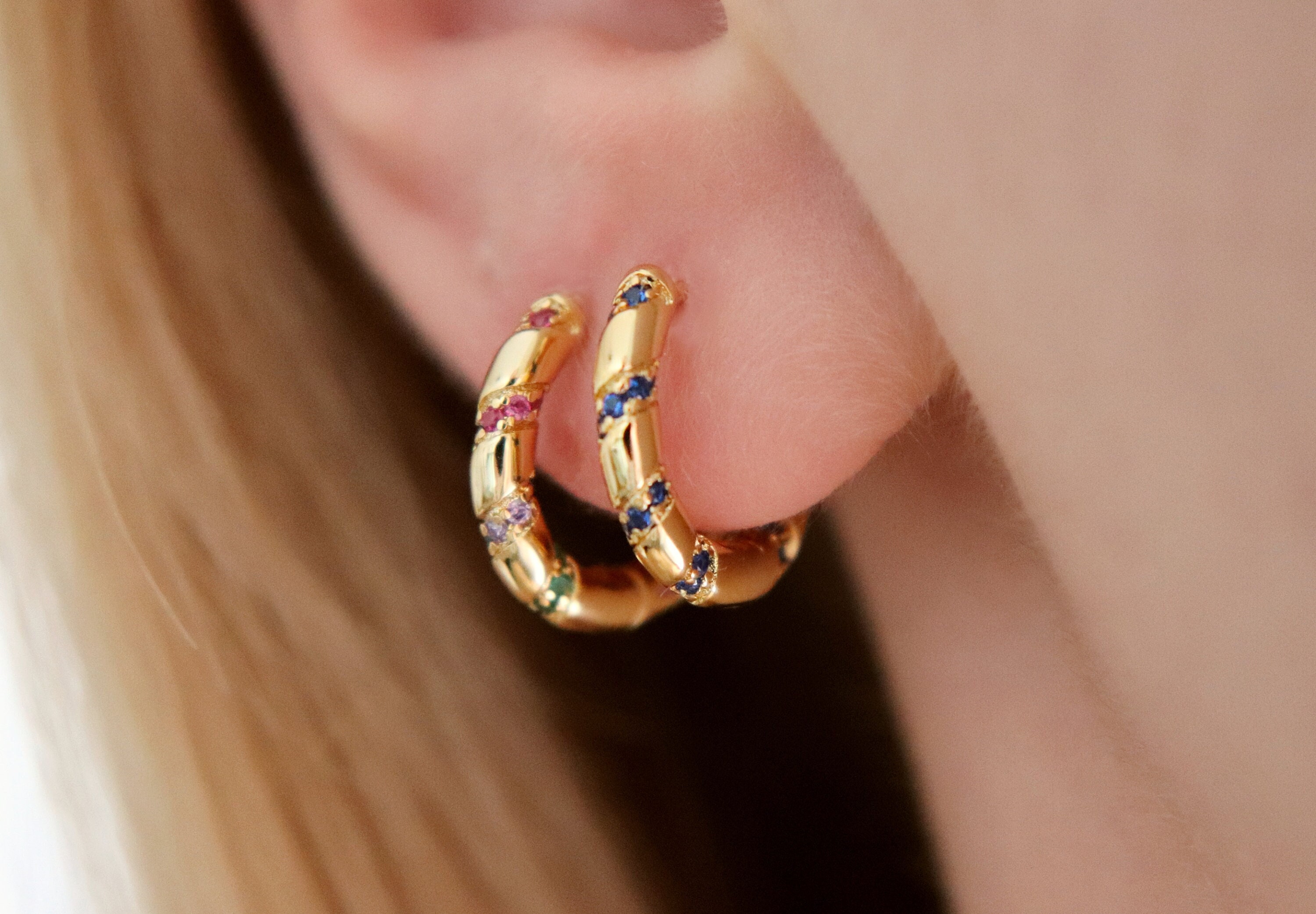 Gold Twisted Hoop Earrings, Sapphire Blue CZ Huggie Hoops, Black Hoops,  Gold Rainbow Hoop Earrings, Medium Hoop Earrings, Boho Earrings - Etsy