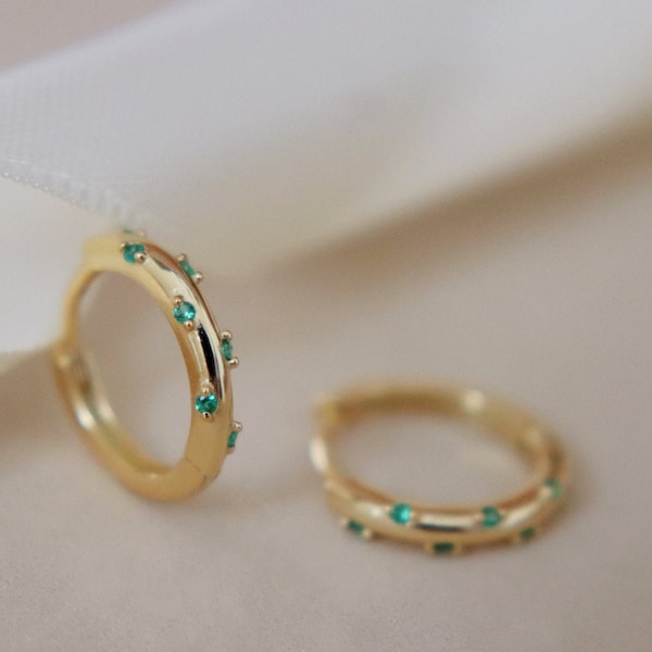 Gold Small Green CZ Emerald Stone Hoop Earrings, Delicate Huggie Hoops, Minimalist Earrings, Gift for Friend, Everyday Earrings