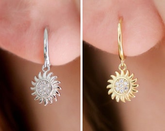 Dainty Sun Charm Huggie Hoop Earrings in Sterling Silver, Gold Coin Charm Hoops, Geometric Small Huggie Hoops, Minimalist Hoops