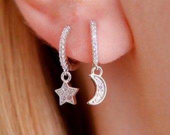 Sterling Silver Mismatched Moon and Star Charm Huggie Hoop Earrings, Celestial Earrings, Silver Mix and Match Earrings, Moon Star Huggies