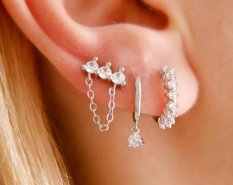 Sterling Silver Crystal CZ Zirconia Huggie Hoop Earrings, Second Hole Earrings, Dainty Dangle Hoops, Chain Stud Earrings, Minimalist Jewelry