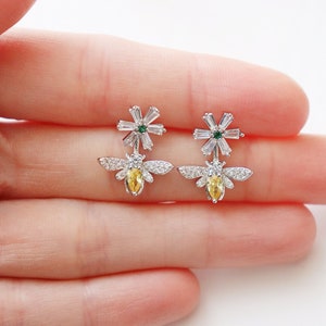 925 Sterling Silver Flower Stud Earrings, Bee & Daisy Earrings,  Sun Flower Stud Earrings with Cubic Zirconia, Gift for Her